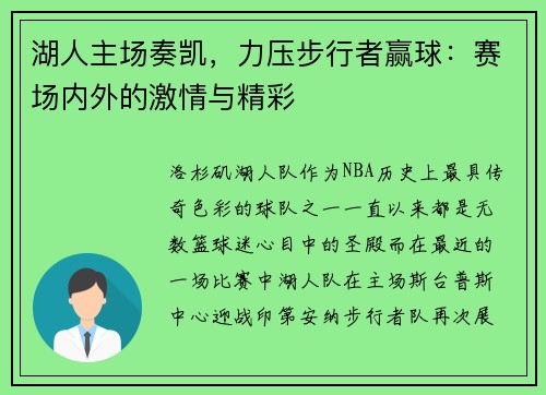 湖人主场奏凯,力压步行者赢球:赛场内外的激情与精彩